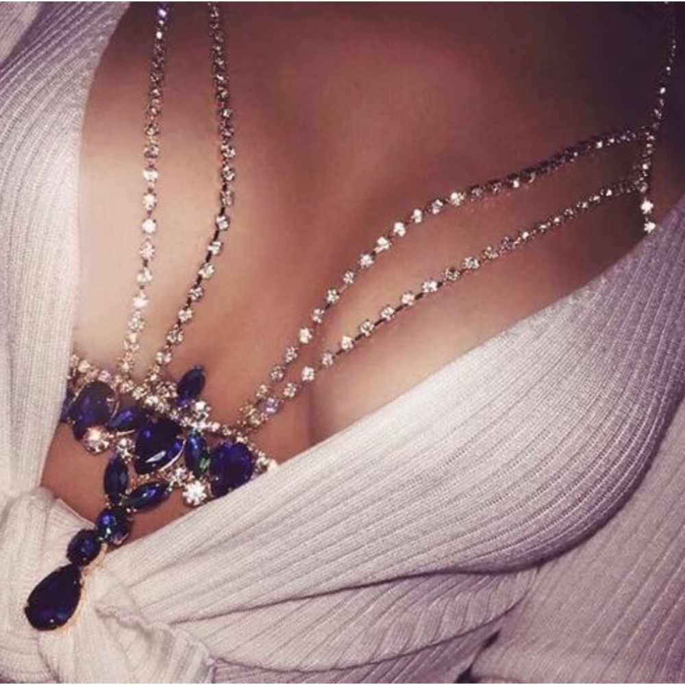 Blue Crystal Rhinestone Chain Bralette